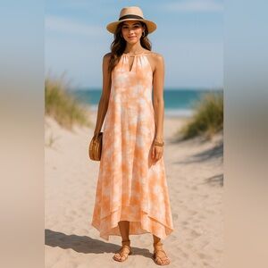 Mlle Gabrielle tie dye tangerine/white tiered bejeweled neck airy flowy lined. L